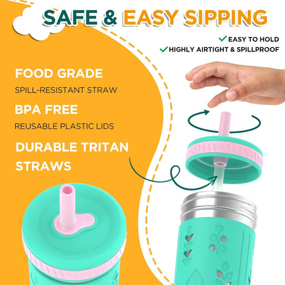 [2 Pack] 10 Oz 2-In-1 Stainless Steel Kids Tumbler Cups with Silicone Sleeves, Spill-Resistant Flexible Straws & Storage Lids, Bpa-Free Smoothie and Snack Cups, Dishwasher Safe