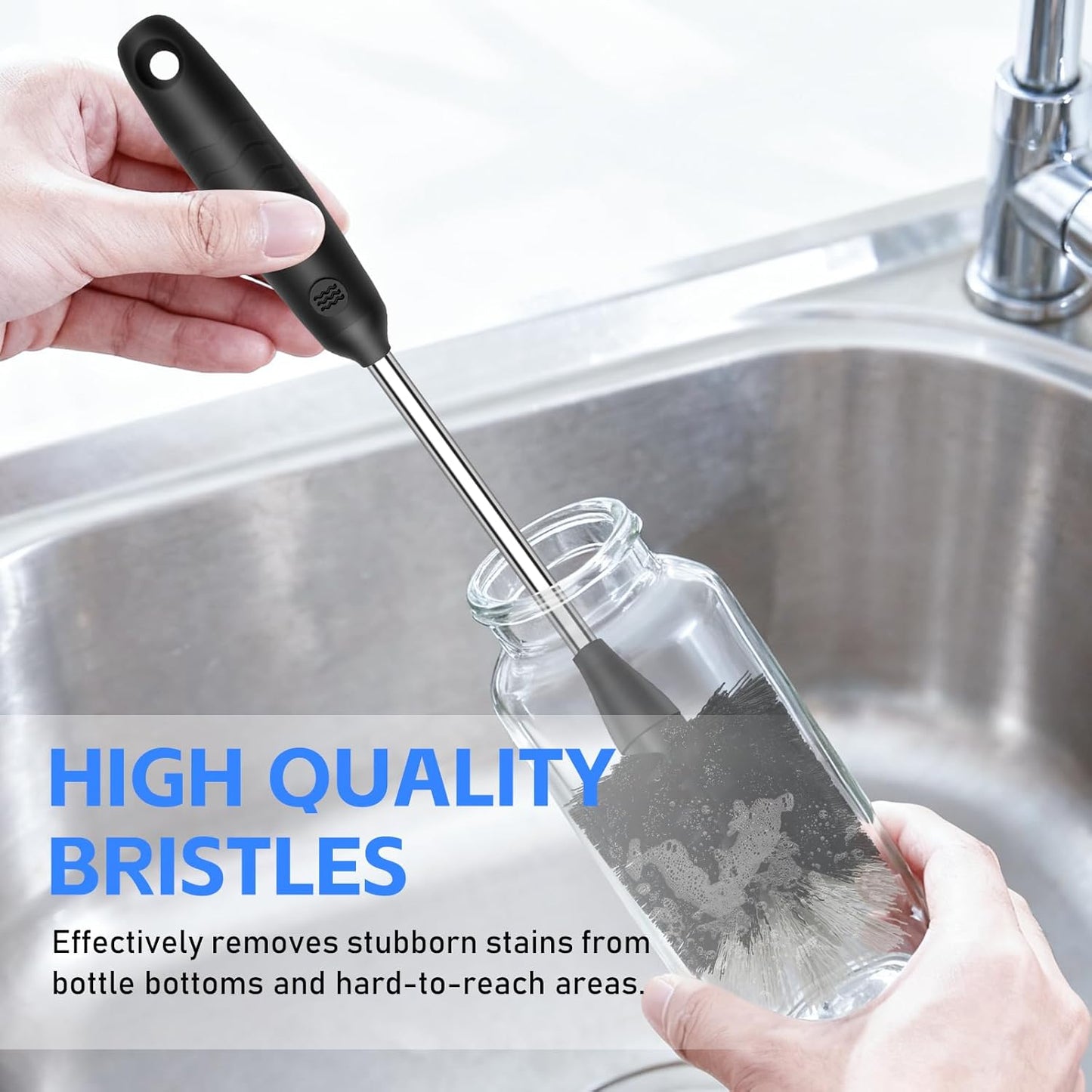 Bottle Brush of 3 Pack, 13-In Long Stainless Steel Handle Water Bottle Cleaner Brush Non-Slip Grip Bottle Brushes for Cleaning Water Bottles Sport Bottles Coffee Mugs Glasswares Cups, Black