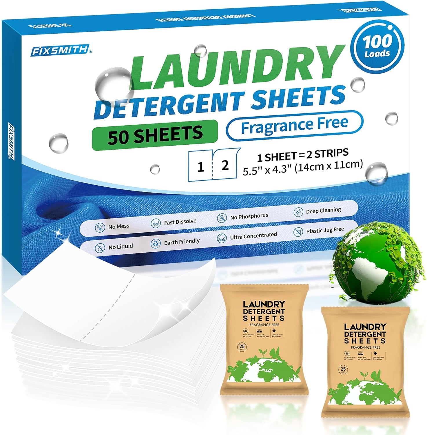 Laundry Detergent Sheets - 100 Loads (50 Sheets) Fragrance Free - Hypoallergenic,Unscented,Eco Friendly Laundry Detergent Strips Concentrated Travel Detergent Sheets.Plastic-Free,Liquidless