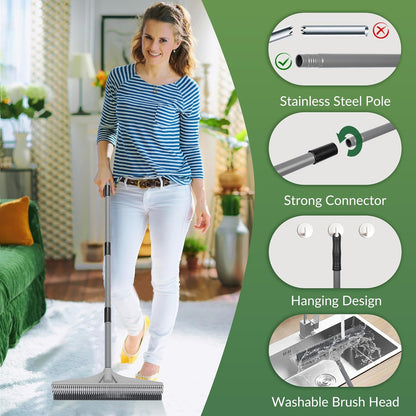 Rubber Broom, 2 in 1 Rubber Broom and Nylon Carpet Brush for Pet Hair Removal, 61" Adjustable Long Handle, Carpet Hair Cleaning Tool for Fur Rug, Stairs and Mats - Washable, Durable