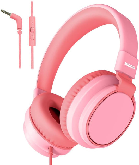 Kids Headphone Wired Volume Limited 85/94Db Over-Ear/On-Ear Foldable Headset with Microphone Hearing Protection Headphones for Toddler Boy Girl Child School Learning Pad Tablet Pink