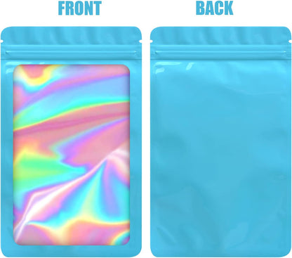 100-Pack Mylar Bags with Clear Window Holographic Resealable Sealable Packaging Zip Bag for Small Bussiness Jewelry Candy Sample Food Packing Supplies （3×3 Inch，Blue）