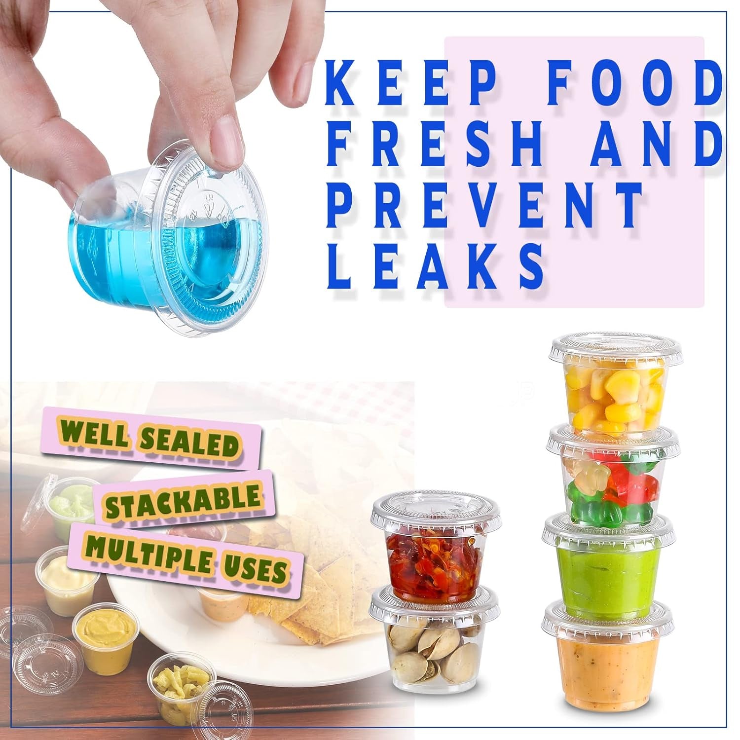[130 Sets - 1 Oz ] Jello Shot Cups, Small Plastic Containers Lids, Airtight and Stackable Portion Cups, Salad Dressing Container, Dipping Sauce Cups, Condiment Cups Lunch, Party to Go, Trips