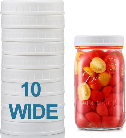 [10 Pack] WIDE Mouth Mason Jar Lids for Ball, Kerr and More - White Plastic Storage Caps for Mason/Canning Jars - Leak-Proof, Dishwasher Safe & Food Grade
