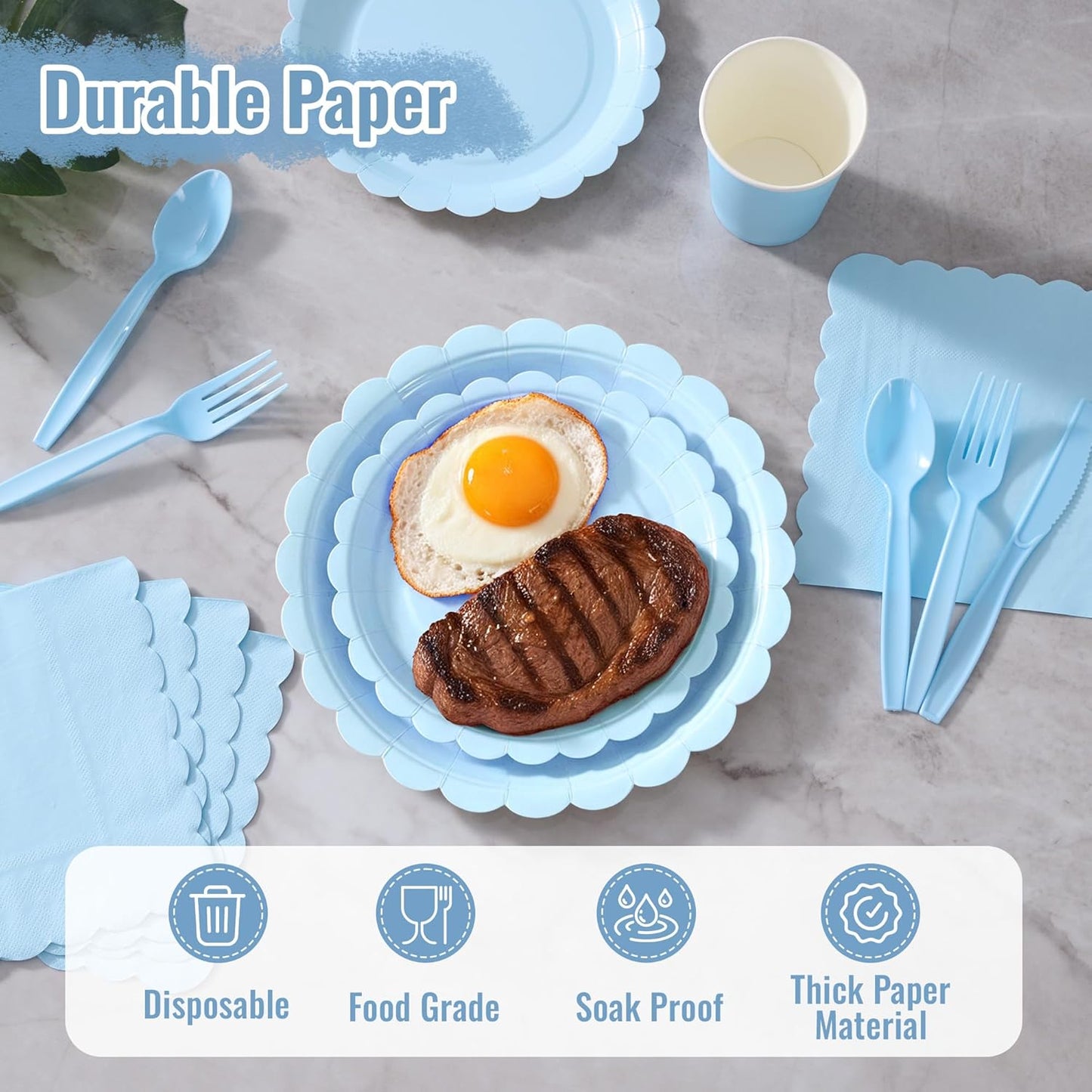 Light Blue Paper Plates Set, 175 PCS Party Supplies, Disposable Dinnerware Set for 25 Guests, Light Blue Paper Plates Napkins Cups Blue Plastic Forks Knives Spoons for Wedding Festivals