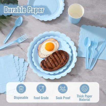 Light Blue Paper Plates Set, 175 PCS Party Supplies, Disposable Dinnerware Set for 25 Guests, Light Blue Paper Plates Napkins Cups Blue Plastic Forks Knives Spoons for Wedding Festivals