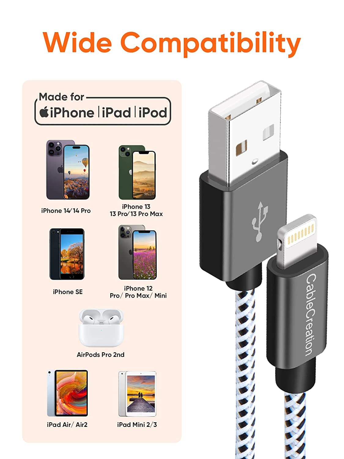 0.5 Feet Short Iphone Charger Cable, [Mfi Certified] Lightning to USB Data Sync Cord, Compatible with Iphone 14/14 Pro, Airpods Pro, Iphone 13/13 Pro/12, Ipad Pro, Air, 0.15M Black&White