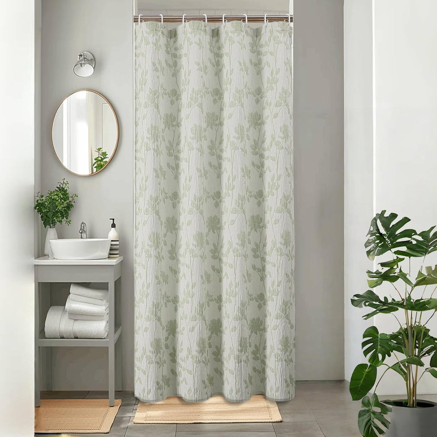 Yellow Green Stall Shower Curtain, Floral Crinkled Soft Fabric Shower Curtain for Bathroom, Modern Farmhouse Textured Cute Boho Bath Decor, Machine Washable, 36Wx72L Inches