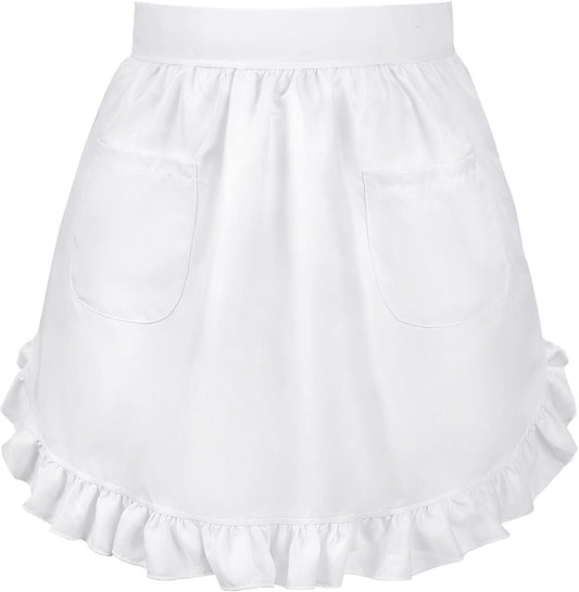White Waist Apron for Women with Pockets, Waitress Maid Costume Apron Vintage Frilly Apron