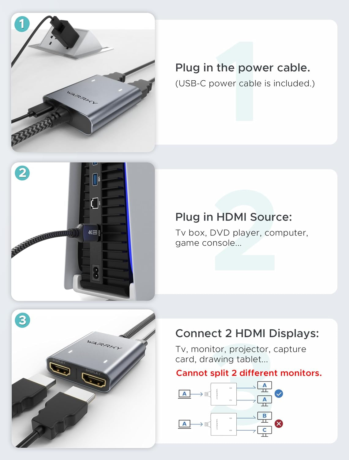 HDMI Splitter 4K, Display Mirror Same Screen Only (Not Extend Screen), HDMI Splitter 1 in 2 Out [USB-C Powered, Metal Shell, 3.3 Ft Braided Cable], 1X2 for Dual Monitors, Grey-4K UHD