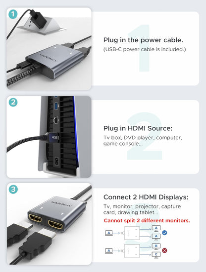 HDMI Splitter 4K, Display Mirror Same Screen Only (Not Extend Screen), HDMI Splitter 1 in 2 Out [USB-C Powered, Metal Shell, 3.3 Ft Braided Cable], 1X2 for Dual Monitors, Grey-4K UHD