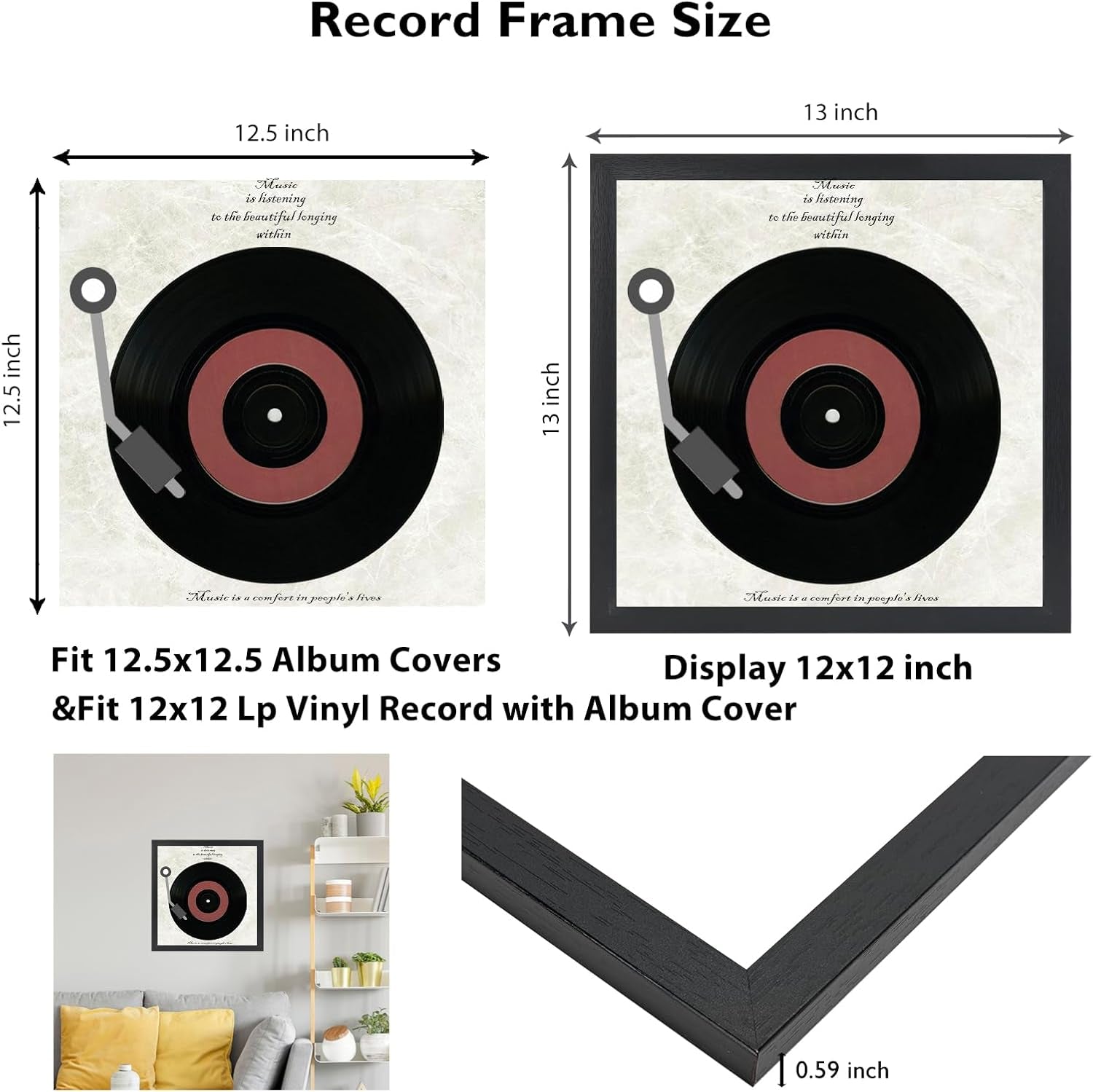 Wood Vinyl Record Frame for the Wall, Display 12.5X12.5 Album Cover and 12X12 LP Vinyl Record with Cover, Album Frames, Sturdy 12.5X12.5 Frame Black, 1 Pack