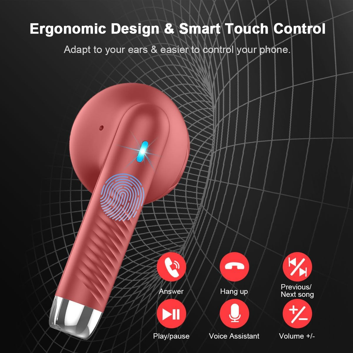 Wireless Earbuds, Bluetooth 5.3 Headphones in Ear with Noise Cancelling Mic, Bluetooth Earbuds Stereo Bass, IP7 Waterproof Sports Earphones, 32H Playtime USB C Charging Ear Buds Red for Android Ios