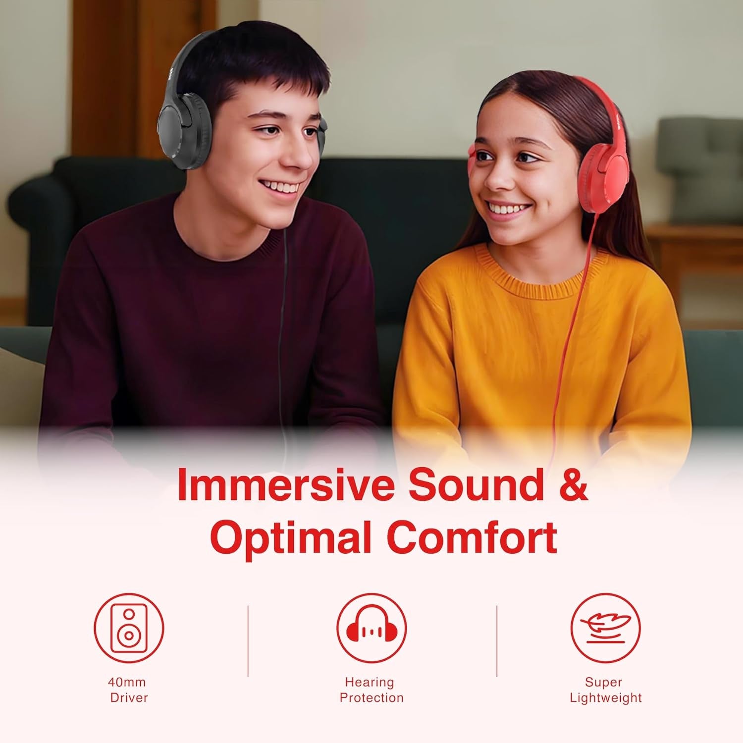 Wired Headphones Over-Ear Hi-Fi Sound with Microphone Adjustable Foldable, 1.5M Cord & 3.5Mm Jack, Lightweight Headset for Kids Adults PC Ipad Laptop Red
