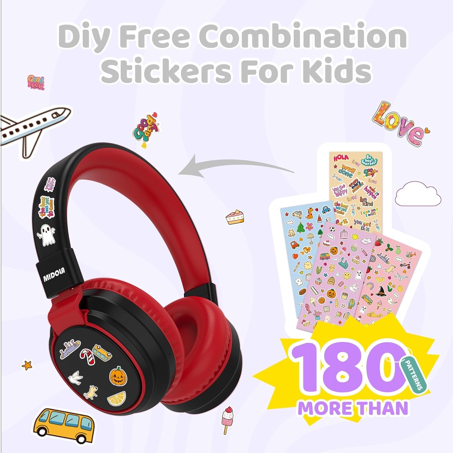 Kids Headphones Bluetooth 5.3 Wireless 60H Play Time Volume Limited 85/110Db over Ear Foldable Protection Headset/Wired Aux Built-In Mic for Boy Girl Travel School Pad Tablet Black