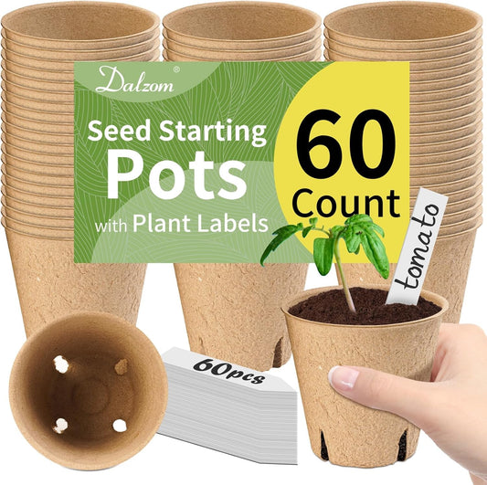 ® 60Pcs 3.1” Peat Pots with 60Pcs Plant Labels, Biodegradable Pots for Seedlings with Drainage Holes, Garden Plant Nursery Pots Seed Starting Trays