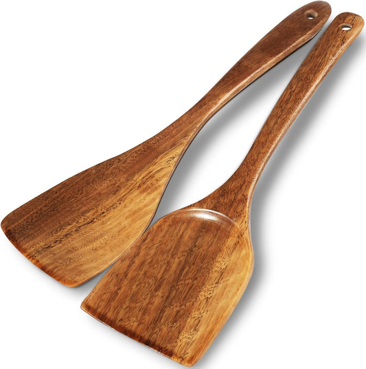 Wooden Spatulas, 2 Pcs Natural Acacia Wooden Cooking Utensils Set for Non-Stick Pan Kitchen Tool, Flipping and Wok Spatula, Wooden Spoons & Spurtle for Cooking