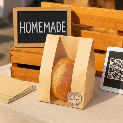 50 Pcs Large Paper Bread Bags for Sourdough (13.7X8.2X3.7 In) – Kraft Bread Packaging for Homemade with Window, 50 Cute Stickers – Bakery Bags for Gifting & Storage