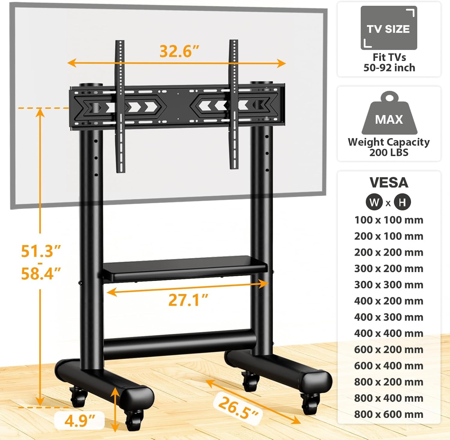 Heavy Duty Rolling TV Stand for 50-92 Inch Large Tvs up to 200 Lbs, Height Adjustable Mobile TV Stand with Shelf, Upgraded Portable TV Stand on Wheels for Living Room, Office, Trade Show