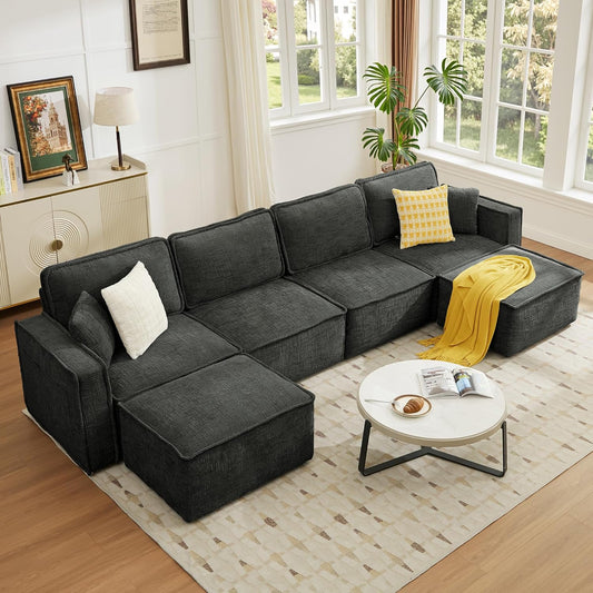 143.7-Inch Cloud Modular Chenille U-Shaped Sectional Sofa for Living Room, 4-Seater with 2 Movable Ottomans, Wide Armrests, Boneless Foam Seating, Easy Assembly, Black