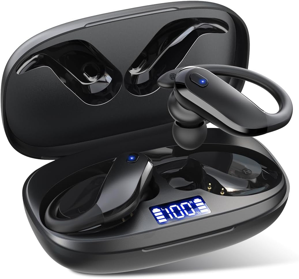 Wireless Earbuds Bluetooth 5.3 Headphones Sport,Ipx7 Waterproof Sports Earphones with Earhooks,48H Playtime,Lightweight 7.8G,Fast Charging Case,Noise Cancelling Mic for Running Gym Workout-Black