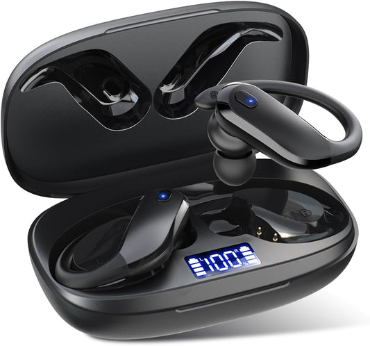 Wireless Earbuds Bluetooth 5.3 Headphones Sport,Ipx7 Waterproof Sports Earphones with Earhooks,48H Playtime,Lightweight 7.8G,Fast Charging Case,Noise Cancelling Mic for Running Gym Workout-Black