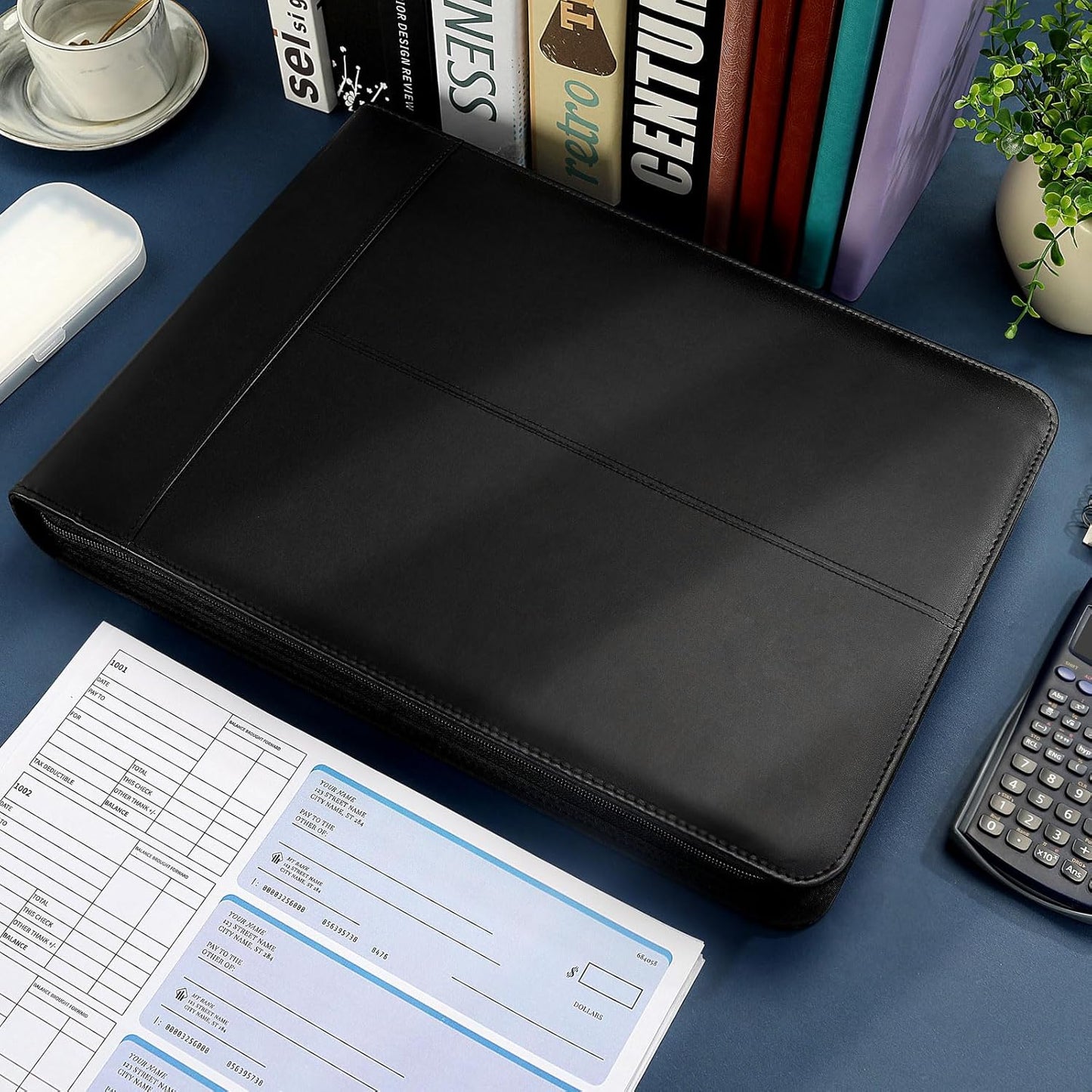 Zippered Business Checkbook Binder 7 Ring 1 Inch with Zipper for Business Checks (9" X 13"), PU Leather 7 Ring Check Binder for Business Checks Holds 600 Checks Capacity for Executive Supplies