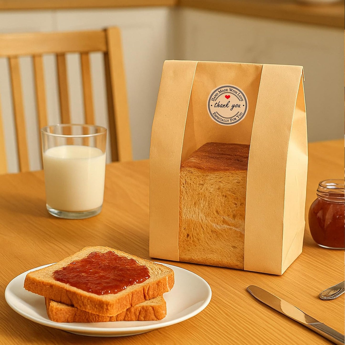 50 Pcs Large Paper Bread Bags for Sourdough (13.7X8.2X3.7 In) – Kraft Bread Packaging for Homemade with Window, 50 Cute Stickers – Bakery Bags for Gifting & Storage