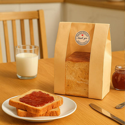 50 Pcs Large Paper Bread Bags for Sourdough (13.7X8.2X3.7 In) – Kraft Bread Packaging for Homemade with Window, 50 Cute Stickers – Bakery Bags for Gifting & Storage