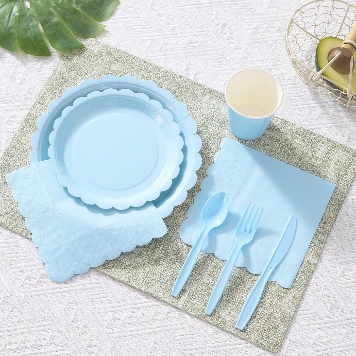 Light Blue Paper Plates Set, 175 PCS Party Supplies, Disposable Dinnerware Set for 25 Guests, Light Blue Paper Plates Napkins Cups Blue Plastic Forks Knives Spoons for Wedding Festivals