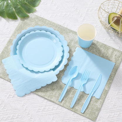 Light Blue Paper Plates Set, 175 PCS Party Supplies, Disposable Dinnerware Set for 25 Guests, Light Blue Paper Plates Napkins Cups Blue Plastic Forks Knives Spoons for Wedding Festivals