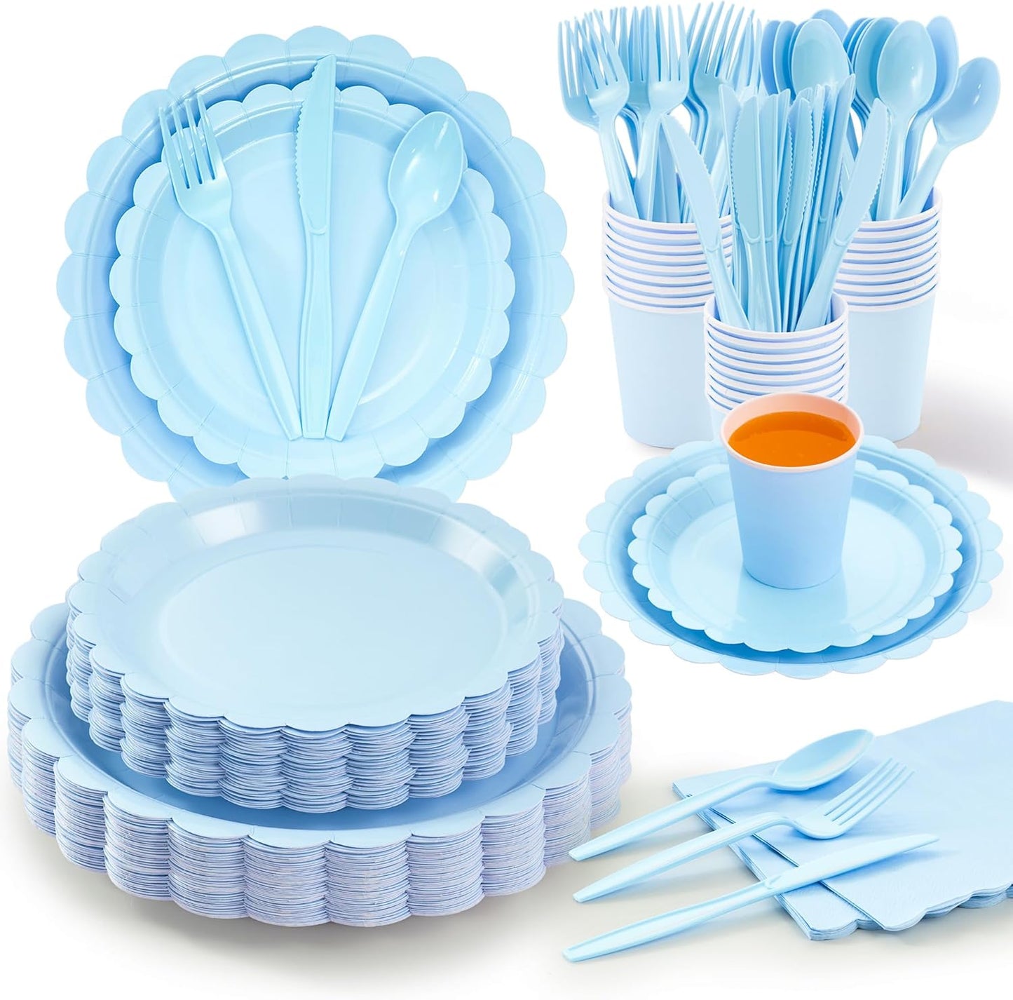 Light Blue Paper Plates Set, 175 PCS Party Supplies, Disposable Dinnerware Set for 25 Guests, Light Blue Paper Plates Napkins Cups Blue Plastic Forks Knives Spoons for Wedding Festivals