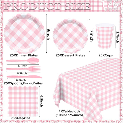 176 PCS Pink and White Gingham Plates and Napkins, Light Pink Checkered Disposable Plates Set with Napkins Cups Plastic Spoons Forks Knives for Birthday Baby Shower Wedding Supplies Serve 25 Guests