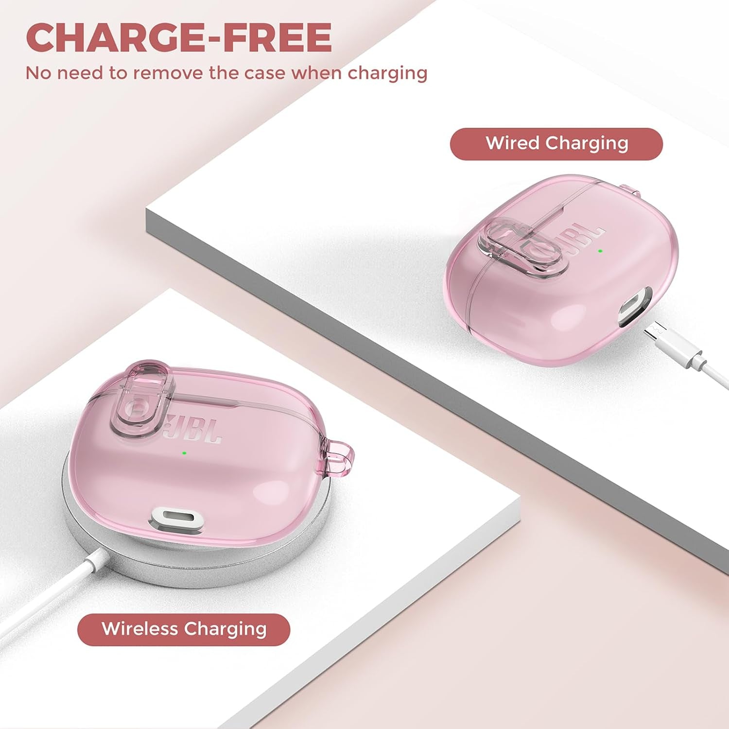 Compatible with JBL Vibe 200TWS/JBL Vibe Beam/Beam 2 Case Cover Clear Lock Clip with Cleaner Kit, Transparent TPU Protective Cover Men Women with Carabiner for JBL Vibe Beam 2 Charging Case - Pink
