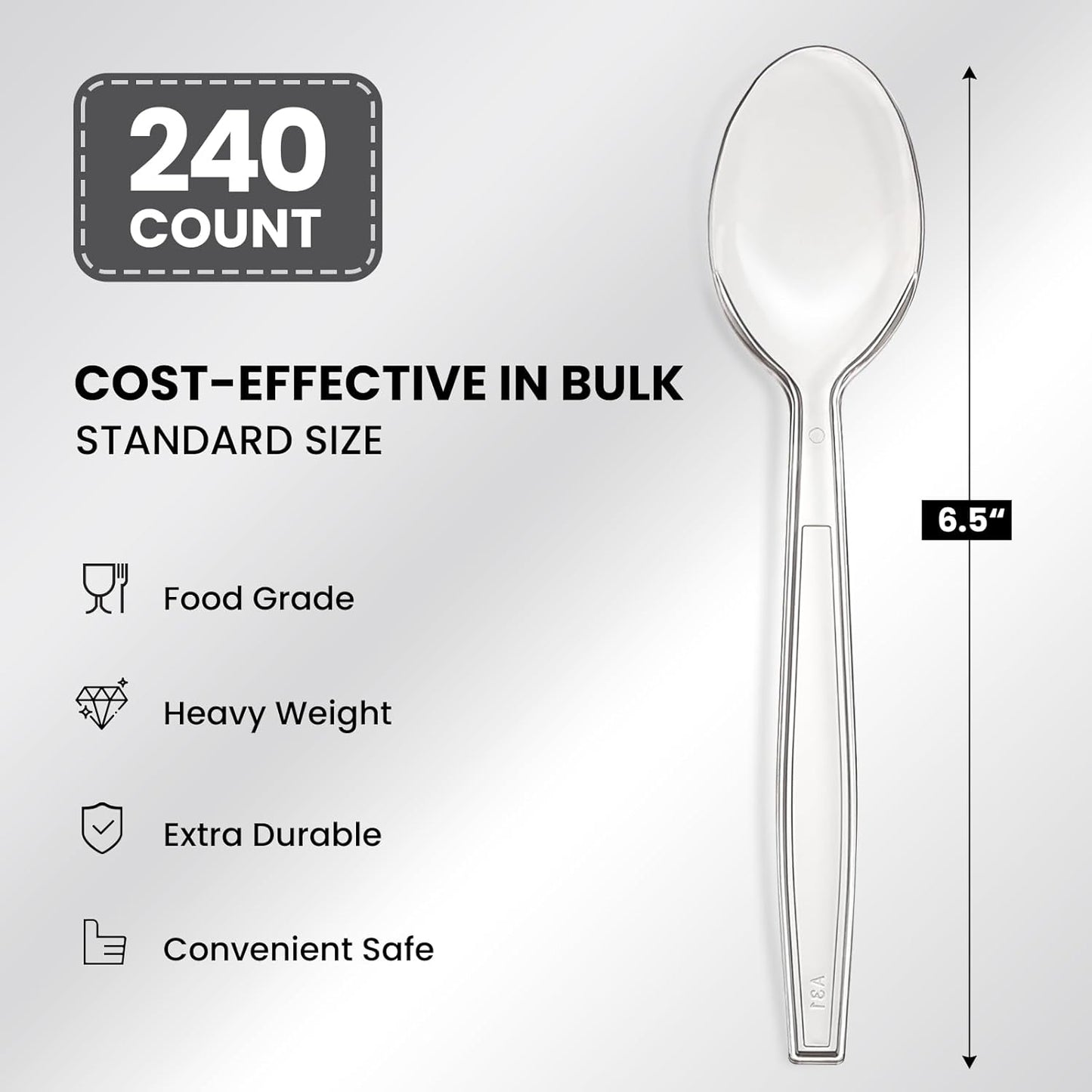 240 Count Extra Heavy Duty Clear Plastic Spoons, Solid and Durable Premium Disposable Spoons - Bpa-Free & Heat Resistant Plastic Cutlery Utensils for Parties, Events and Everyday Use