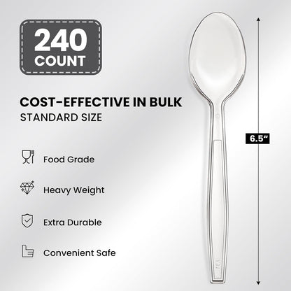 240 Count Extra Heavy Duty Clear Plastic Spoons, Solid and Durable Premium Disposable Spoons - Bpa-Free & Heat Resistant Plastic Cutlery Utensils for Parties, Events and Everyday Use