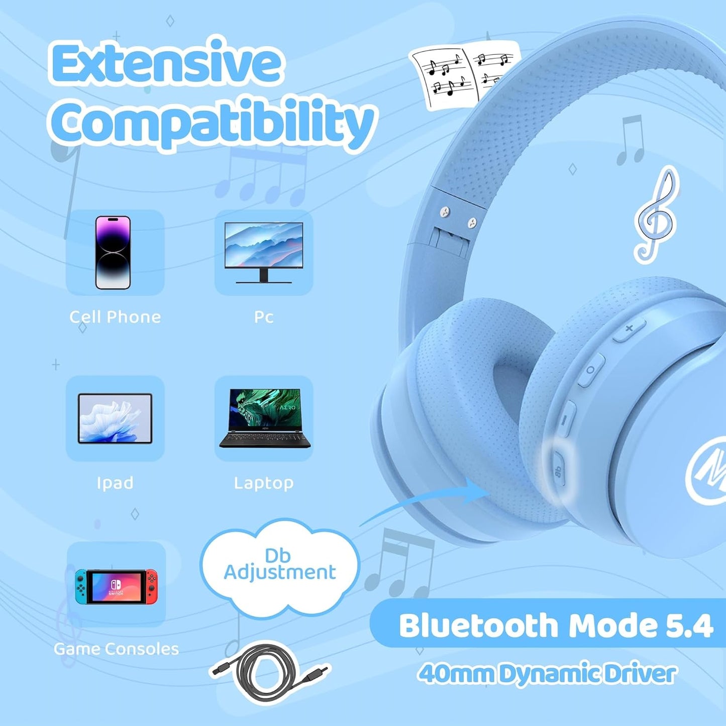 Headphones Kids Bluetooth 5.4 Wireless Play Time 68H Safe Volume Limit 85/94Db Over-Ear Foldable Headset,Fast Charging,With Aux Cord Built-In Mic for Toddler Child Pad Study Tablet Blue