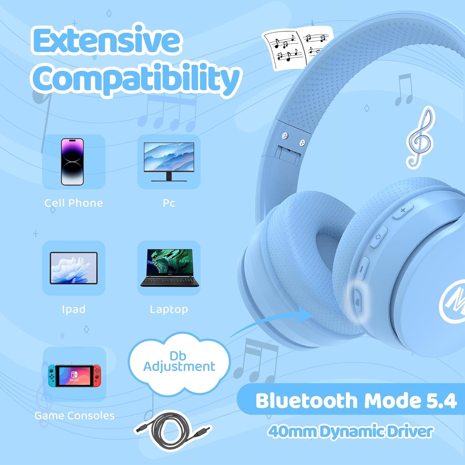 Headphones Kids Bluetooth 5.4 Wireless Play Time 68H Safe Volume Limit 85/94Db Over-Ear Foldable Headset,Fast Charging,With Aux Cord Built-In Mic for Toddler Child Pad Study Tablet Blue