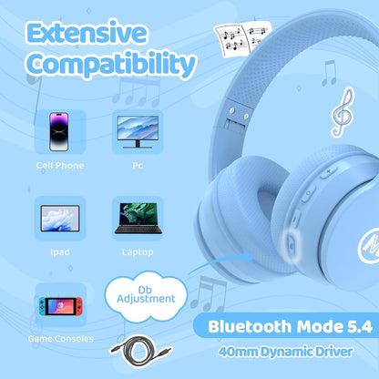 Headphones Kids Bluetooth 5.4 Wireless Play Time 68H Safe Volume Limit 85/94Db Over-Ear Foldable Headset,Fast Charging,With Aux Cord Built-In Mic for Toddler Child Pad Study Tablet Blue