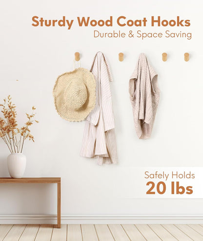 Wood Wall Hooks for Hanging, 4 Pack Hat Hook for Walls, Coat Hook Wall Mount, Backpack Hooks for Walls, Bathroom Towel Hanger (Natural)