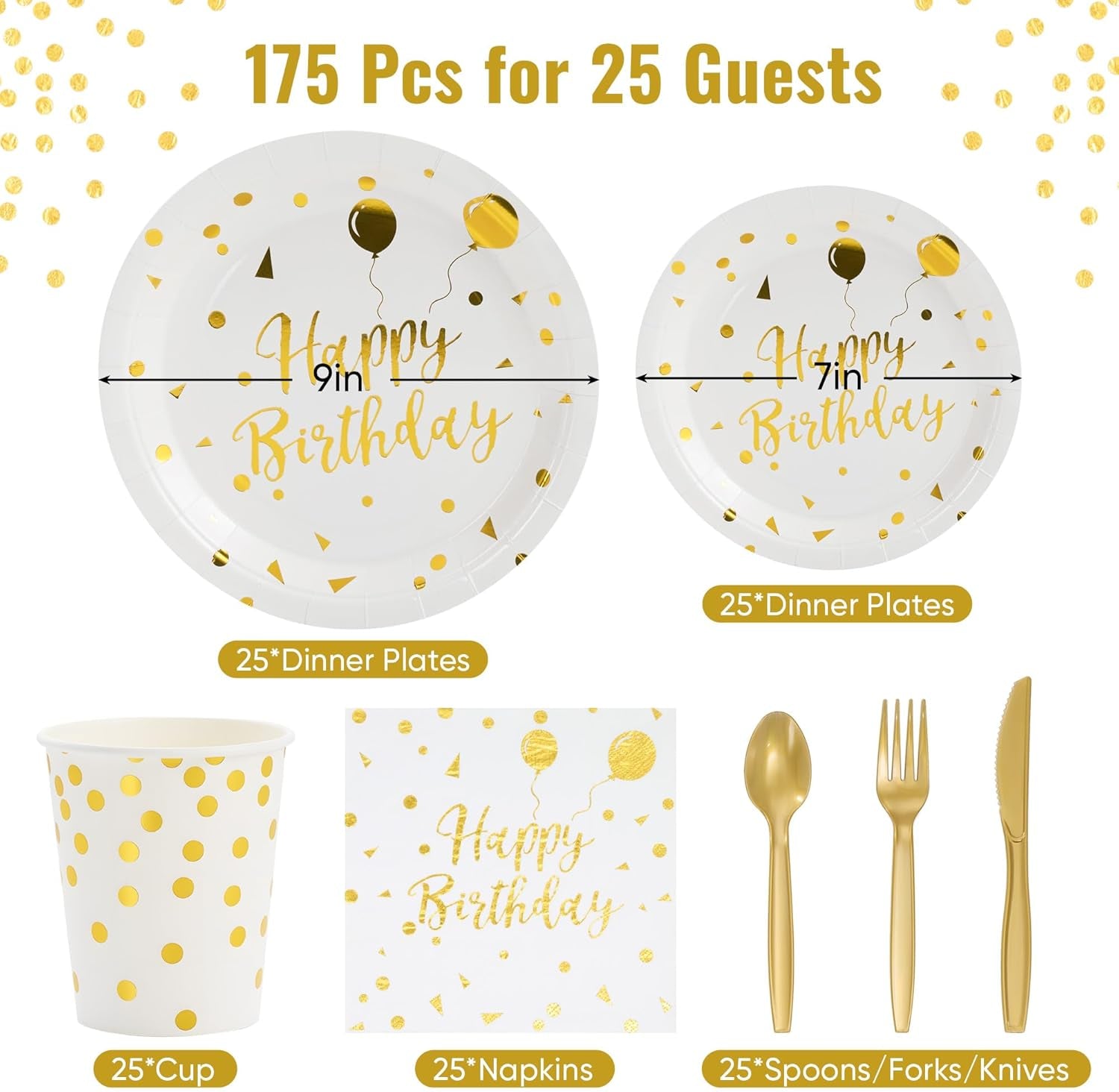 Happy Birthday Paper Plates Set, 175 PCS Disposable Dinnerware Set for 25 Guests, White Gold Dot Paper Plates Napkins Cups Gold Plastic Forks Knives Spoons for Birthday Party Decor