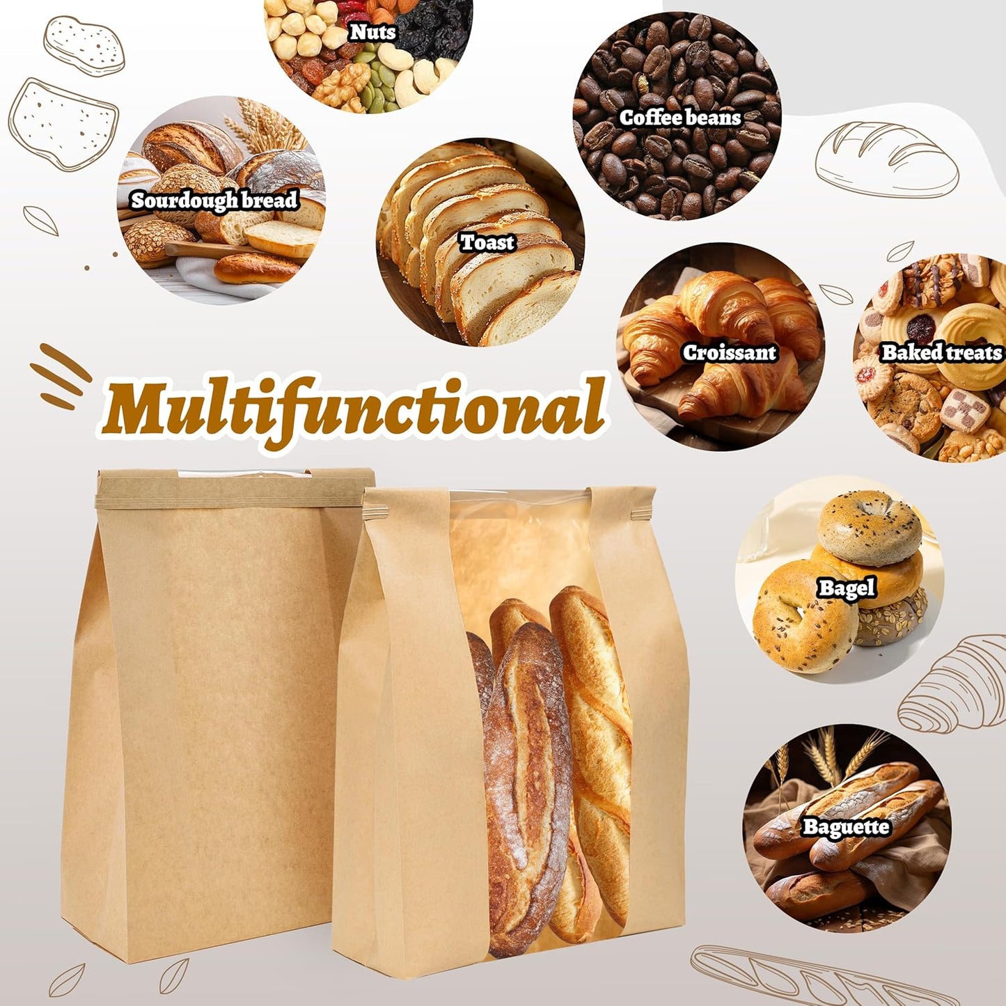50 Pack Sourdough Bread Bags for Homemade Bread with Tin Tie Tab Lock Bakery Bags with Window Kraft Bag for Toast Sandwich Cookie Snacks Packaging Storage and Gifting(8.27X13.6X3.54In)
