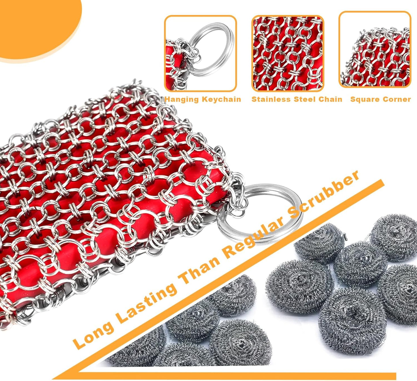 Cast Iron Scrubber, Skillet Chainmail Scrubber for Cast Iron Pan - Chain Mail Scrubber Cast Iron Sponge - Metal Scrubber Cast Iron Skillet Cleaner, Wok, Frying Pans, Dutch Oven Cleaning Scrubber