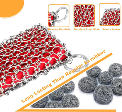 Cast Iron Scrubber, Skillet Chainmail Scrubber for Cast Iron Pan - Chain Mail Scrubber Cast Iron Sponge - Metal Scrubber Cast Iron Skillet Cleaner, Wok, Frying Pans, Dutch Oven Cleaning Scrubber