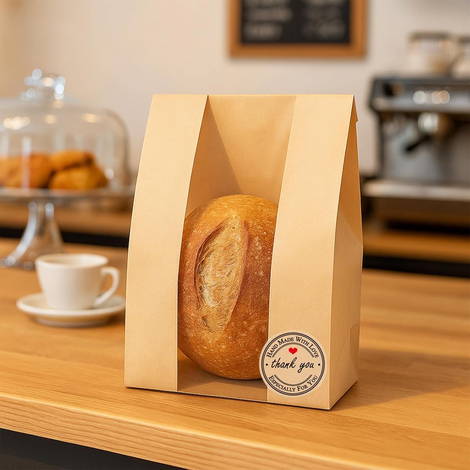 50 Pcs Large Paper Bread Bags for Sourdough (13.7X8.2X3.7 In) – Kraft Bread Packaging for Homemade with Window, 50 Cute Stickers – Bakery Bags for Gifting & Storage