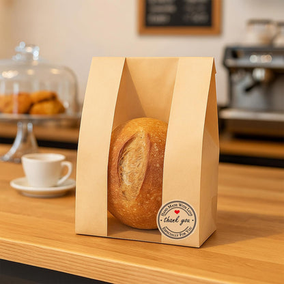 50 Pcs Large Paper Bread Bags for Sourdough (13.7X8.2X3.7 In) – Kraft Bread Packaging for Homemade with Window, 50 Cute Stickers – Bakery Bags for Gifting & Storage