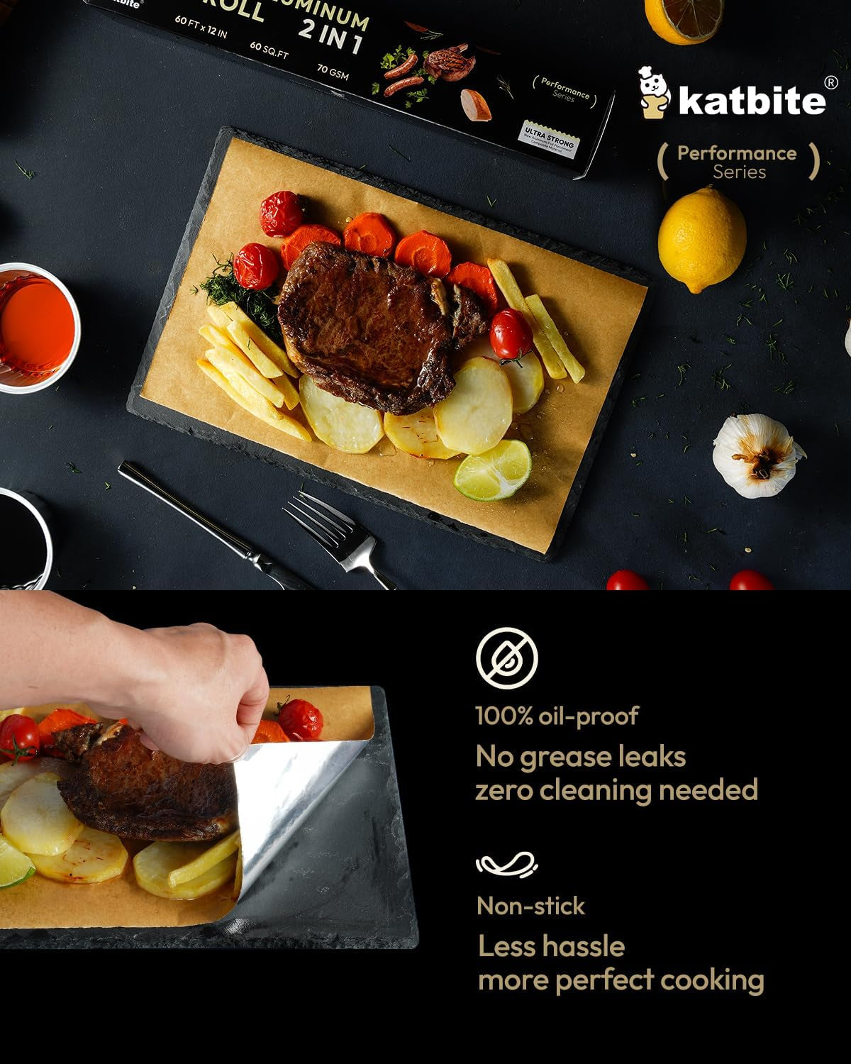 Aluminum Foil Roll - 12In X 60Ft, 60 Sq.Ft, Heavy Duty Non-Stick Roll with Portable Cutter