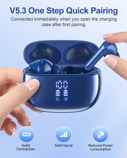 Wireless Earbuds, Bluetooth Ear Buds Headphones, 40H Long Playtime, Stereo Deep Bass, LED Power Display, IPX7, Lightweight in Ear Earphone with Mic for Iphone Android Phone