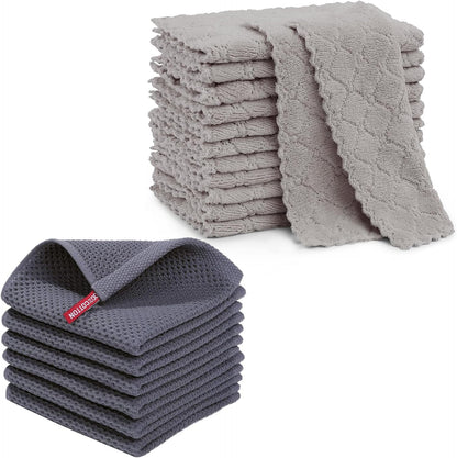 Super Soft and Absorbent Kitchen Dish Cloths 18 Pack Grey, 100% Cotton Waffle Weave 12 X 12 Inches 6 Pack Dish Towels and Coral Velvet Dish Rags 12 Pack, 10 X 10 Inches