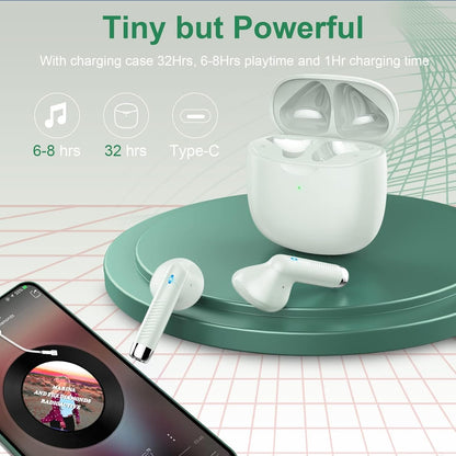 Wireless Earbuds, Bluetooth 5.4 Earbuds Stereo Bass, Bluetooth Headphones in Ear Noise Cancelling Mic, Earphones IP7 Waterproof Sports, 32H Playtime USB C Charging Case Green Ear Buds for Android Ios